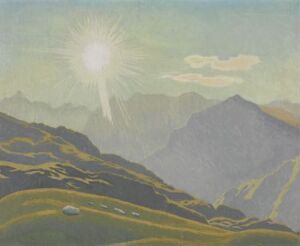  "Sunshine and Haze over the Mountains" by Jens Ferdinand Willumsen, is a tempera on canvas landscape painting featuring a sun with bright rays piercing through a hazy sky, with cool-toned distant mountains and warm-hued, sunlit grassy foreground knolls.