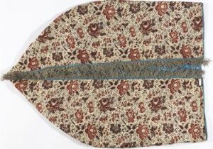  A fan-shaped textile fragment with a complex burgundy and green floral pattern on an off-white background, featuring a central horizontal grayish-blue metallic band, displaying signs of wear at its edges. Artist name and title remain unknown.