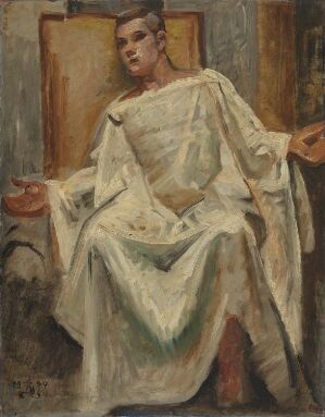  Oil painting on paperboard by Kristian Zahrtmann featuring a young woman seated in a draped garment with a thoughtful expression, highlighted by a palette of creamy whites, beiges, muted greens, and earthy browns.