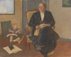  "Portrett av en bestemor" by Georg Jacobsen, a painting of an elderly woman dressed in a dark dress with a white collar, seated and holding knitting in a room with warm tones, featuring a doll in a chair and an open book on the floor.