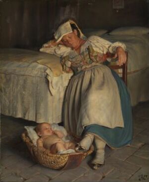  "En sabinerinne vugger sitt barn" by Kristian Zahrtmann, an oil painting of a mother seated beside a bed, gently rocking her baby in a wicker basket. She is dressed in a cream blouse and pale blue skirt with a dark apron, in a room filled with warm brown tones.