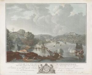  A fine art print titled "Fredrikshald sett fra toppen av Hjelmkollen" by Christian August Lorentzen, depicting an 18th-century view of the town Fredrikshald from a hill, with boats on water in varying shades of blue, earthy brown and ochre foreground, grey and white buildings with occasional red roofs, and a sky with soft grey clouds.