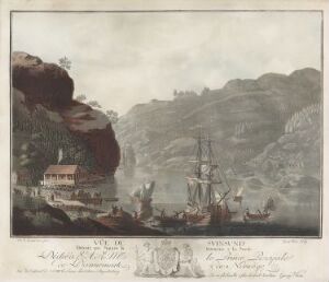  "Svinesund" by Christian August Lorentzen, a color aquatint on paper, showing a pastoral landscape with a sailing ship moored in a strait bordered by rocky hills and a small settlement with red-roofed buildings, under an overcast sky.