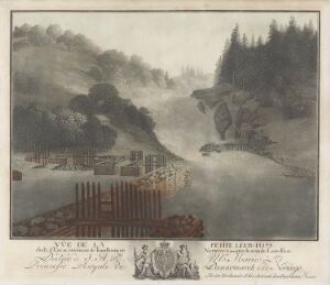  "Lille Leirfoss," an aquatint on paper by Georg Haas, depicts a serene landscape with a mist-covered river in the foreground, a timber dam to the left, and rocky, tree-covered cliffs in the background under a clearing overcast sky, complete with a band of text at the bottom.