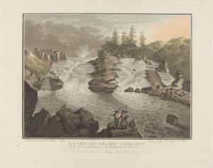  "Store Leirfoss" by Christian August Lorentzen is a color aquatint on paper depicting a historical landscape with a river, rapids, rocks, trees, and a small group of figures on the riverbank, under a softly hued dawn or dusk sky.