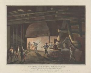  "Et stort smelteverk i Norge" by Christian August Lorentzen is a color aquatint on paper showing a historic smelting operation. Workers are busy in an industrial interior lit by the orange-yellow glow of a furnace, surrounded by muted brown, tan, and gray tones.