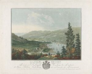  "Utsikt over Drammen fra Kobbervikskleiva," an artwork on paper by Christian August Lorentzen, featuring a scenic view over Drammen with green, forested foreground, a tranquil body of water through the city, and a gentle sky above, complete with a coat of arms and inscriptions below the image.