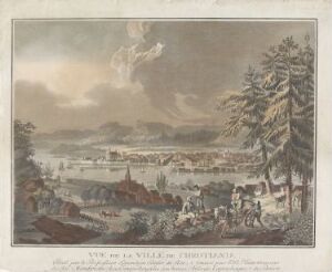  An aquatint print titled "Christiania sett fra Ekeberg" by Christian August Lorentzen depicting an 18th-century panoramic view of Christiania (now Oslo) from the Ekeberg hillside, featuring a foreground with pine trees and figures, a densely built cityscape, and a dramatic sky with ships on the water. The color palette is muted, with earthy browns, grays, and hints of pale blue and pink.