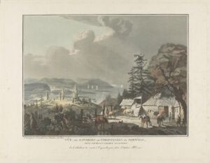  "Christianias omegn sett fra gjestgiveriet Ravnsborg" by Christian August Lorentzen, a color aquatint on paper depicting an 18th-century rural landscape near Christiania with figures, a large tree, a village, and distant mountains, rendered in soft, muted earth tones.