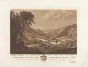  "Utsikt fra Veden gård over Tistedalen til Halden" - An etching and aquatint in brown on paper by an unknown artist, depicting a scenic view of a valley with lush trees in the foreground, small buildings dispersed in the middle, and a faintly visible town nestled