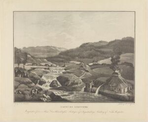  Monochromatic aquatint print titled "Bærums Verk" by Christian August Lorentzen, featuring a tranquil landscape scene with houses, trees, and rolling hills in sepia tones.