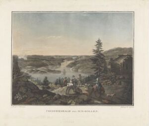  "Fredrikshald sett fra Femkollen," an aquatint print on paper by Christian August Lorentzen, depicting a panoramic view of the historic town Fredrikshald from the hill Femkollen, featuring figures in 18th-century attire looking over a valley with a water body and distant buildings, surrounded by a serene landscape under a muted sky.