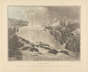  "Haugsfossen," an aquatint print on paper by Heinrich August Grosch, showcases a majestic waterfall in a serene landscape, with foamy water cascading over rocks, surrounded by a tranquil background possibly indicating a mist or distant clearing.