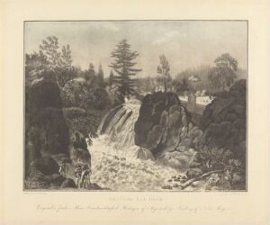  "Helvete på Eker" by Heinrich August Grosch, a monochrome color aquatint on paper depicting a lively waterfall surrounded by textured rocks and trees, with hints of buildings in a pastoral landscape, conveyed in varying shades of gray to evoke depth and contrast.