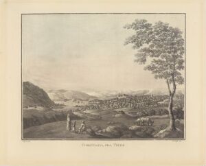  "Christiania sett fra Tøyen" by Heinrich August Grosch is a sepia-toned fine art print showing a 19th-century panoramic view of Christiania from Tøyen. The detailed scene includes a large tree, figures, and structures, with the cityscape in the middle ground and distant hills on the horizon.