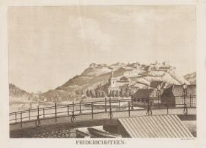  "Fredriksten festning, Halden," an etching and aquatint print by Heinrich August Grosch, depicting the historic fortress in varying shades of brown on paper, showcasing detailed linework and tonal variations to illustrate the stronghold and surrounding landscape.