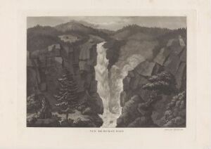  "Rjukanfossen" by Heinrich August Grosch, a fine art etching in various tones of brown, depicting the majestic Rjukanfossen waterfall cascading down into a deep, rocky gorge, surrounded by a serene yet rugged landscape.