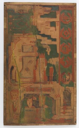  "Blodtaarnet" by Gerhard Munthe, a tall, vertical artwork on laminated leafwood with carved and painted relief decorations in earthy tones, featuring abstract patterns and potential historical motifs.