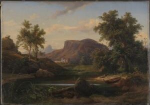  "Landscape in Tirol," an oil on canvas painting by Carl Maria Nicolaus Hummel, depicting a tranquil scene with trees arching over a reflective body of water, surrounded by lush greenery and distant mountain peaks, with subtle and soft color transitions capturing the essence of Tirol's countryside.