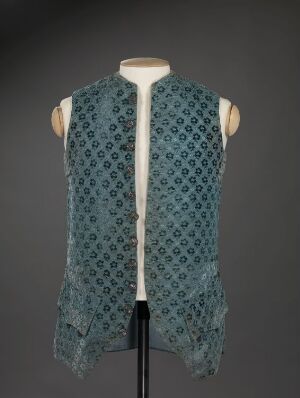  A teal sleeveless vest with an interconnected circular motif pattern and white buttons on a mannequin torso against a neutral gray background.