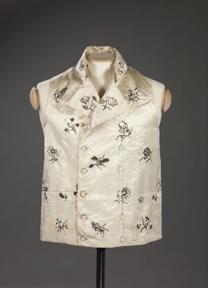  An off-white vintage-style vest with black embroidered insect patterns displayed on a torso mannequin against a neutral gray background.