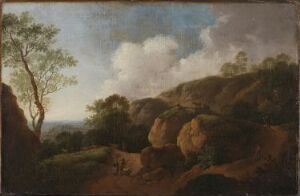  "Landscape with Sunken Roads" by Johann Georg Wagner is an oil painting on canvas depicting a rural scene with sunken roads meandering through fertile land, dotted with large boulders and a single figure on the road, a tall green tree to the left, rolling hills in the middle distance, and a sky with subtle gradations of blue and scattered clouds above.