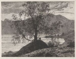  Black and white etching titled "The Old Birch Tree at Slinde, Sognefjord" by Thomas Fearnley, portraying a lush birch tree on a hill with Sognefjord in the background, surrounded by distant mountains and a light sky.