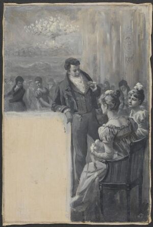  Monochromatic oil painting by Wilhelm Peters titled "Illustrasjon til diktet 'Drømmesyn' i Henrik Wergeland, Den engelske lods" featuring a bearded man standing to the right in seafaring attire with a group of women in modest dresses seated to his left, against a backdrop of soft lighting and shadowy figures, all rendered in shades of grey on canvas.