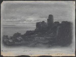  "Ruin ved kysten" by Wilhelm Peters, an oil painting on canvas, showing a dark, moody landscape with the ruins of a large structure near a calm sea against a backdrop of a heavy grey sky.