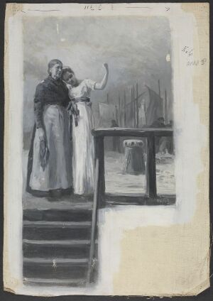  An impressionistic oil painting on canvas by Wilhelm Peters, showing a man and a woman standing closely together on a small balcony. They are looking out towards a crescent moon in a twilight sky, surrounded by indistinct trees or shrubs, rendered in muted shades of gray and white. The painting has an aged off-white border suggestive of an old sketchbook page.