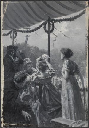 
 A monochromatic oil painting by Wilhelm Peters on canvas, showing a social scene with a woman seated while a man kisses her hand