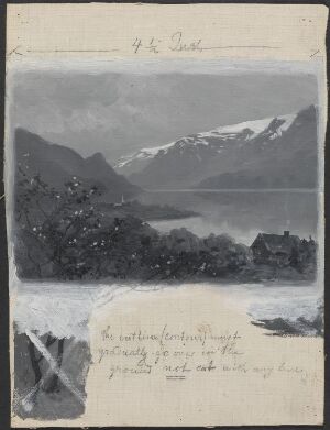  Monochromatic painting "Illustrasjon til Henrik Wergeland, Den engelske lods" by Wilhelm Peters on canvas, depicting a tranquil landscape with mountainous terrain and a reflective body of water, executed in shades of gray with handwritten text overlaying some areas.