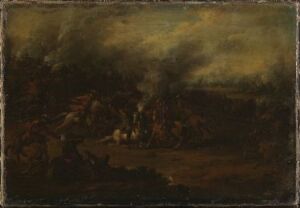  "A Cavalry Fight" by Georg Philipp Rugendas (I) is an oil on canvas painting that illustrates a chaotic battle scene with mounted figures in combat. Dark earthy tones convey the tumultuous atmosphere of the struggle, with the use of light and shading adding depth to the swirling mass of horses and riders.