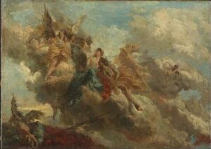  Oil painting on canvas titled "Mythological scene" by Giovanni Battista Tiepolo, showing dynamic figures in vibrant robes amidst billowing clouds in a celestial setting, with a blend of soft yellows, creams, grays, and delicate blues in the background.