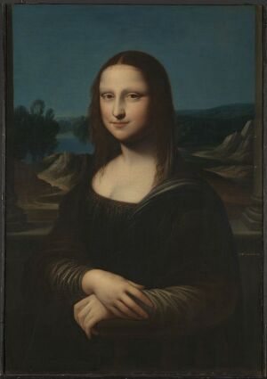  The "Mona Lisa" painting by Leonardo da Vinci, featuring a portrait of a seated woman with an enigmatic smile, dressed in a dark garment against an imaginary landscape with winding paths and distant mountains.