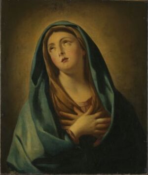  "Madonna," a painting by an unidentified Italian artist featuring a contemplative Virgin Mary clad in a brown garment and blue cloak, with her hands clasped over her chest against a muted, shadowy background.