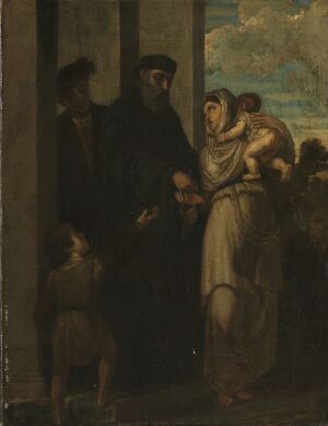  "Marias tempelgang" by an unknown artist; oil on canvas depicting a somber religious scene with a young woman in a cream garment, an older man in dark robes, and a small child. The group is partially illuminated, set against a darker interior space with a glimpse of a lighter outdoor scene in the background.