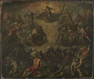  "Dommedag" by Jacopo Tintoretto, an oil on canvas painting depicting the chaotic Last Judgment with a central glowing figure surrounded by numerous human figures in distress amid a dark palette with muted earthy tones and strokes suggesting movement and urgency.