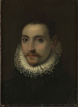  "Portrait of a Man" is an oil painting by an unknown artist featuring a man dressed in 16th-17th century attire with a white ruff collar and black clothing against a dark brown background, conveying an air of historical elegance.