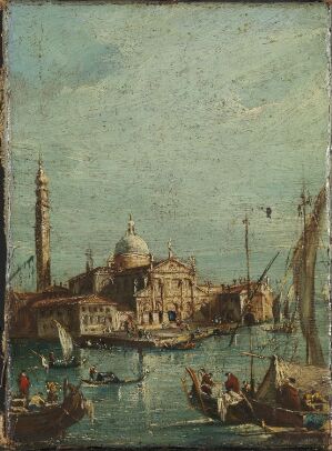  Oil painting on canvas titled "San Giorgio Maggiore" by an unknown artist, featuring the historical church and its bell tower on the island amidst calm blue water, with several boats and figures, under a light blue sky.