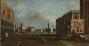  "Utsyn over Marcusplassen, Venezia" by Francesco Guardi, an oil on canvas painting depicting Piazza San Marco in Venice, with a subdued palette of blues, grays, and earthy tones, featuring the column of St. Mark and surrounding architecture, scattered figures, and a soft sky suggesting dawn or dusk.