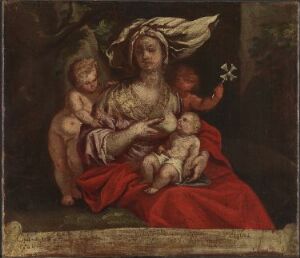  "Madonna med Jesusbarnet" - an oil on canvas painting by an unknown artist, showing the Virgin Mary in muted attire holding baby Jesus in her lap with a bright red cloth, alongside another child holding a cross, set against a dark background.