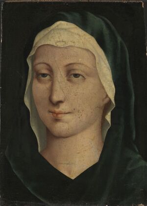  "Virgin Mary (?)" by an unknown artist, an oil painting on wood depicting a serene and contemplative Virgin Mary with a creamy white veil and an emerald green mantle, against a dark background.