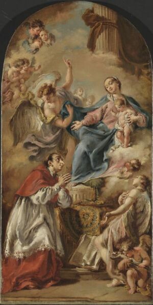  "The Virgin and Child Adored by Saint Carlo Borromeo" by Giovanni Battista Pittoni depicts the Virgin Mary and Child in the heavens with Saint Carlo Borromeo kneeling in reverence on the left and two angels assisting on the right, set against vivid blues, reds, and soft cloud whites.