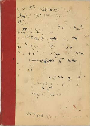  Aged sheet of beige paper titled "Skissebok" with random black ink marks scattered across the surface, featuring a deep burgundy strip on the left side, suggestive of the sketchbook's binding. Artist's name is unknown.