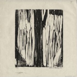  Black and white woodcut print by Marianne Blankenberg titled "Untitled," featuring a dense black field with vertical white streaks resembling natural forms against an off-white paper background.