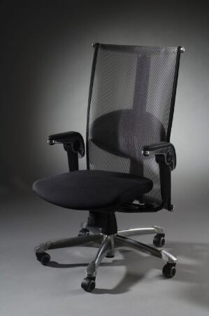  A modern black office chair with mesh textile seating and a high backrest, designed by Svein Asbjørnsen, featuring adjustable armrests and a polished metal five-pointed base with caster wheels, set against a gray gradient background.