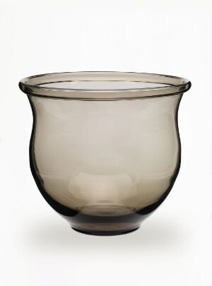  Blown smoke-colored glass bowl by Richard Duborgh displayed against a white background, showcasing a wide rim that fades from transparent to a deep smoky gray towards the base.