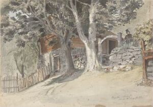  "Hagestad prestegård, Ulvik i Hardanger" by Adolph Tidemand is a watercolor and pen on paper artwork showing a traditional house in a rural setting, surrounded by trees and a