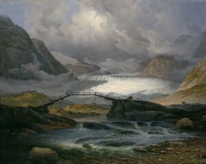  "Nigardsbreen i Justedalen" by Knud Baade, an oil painting on canvas depicting a sublime Romantic landscape with a brooding sky, rugged mountains, and the glacier Nigardsbreen. In the foreground, a lively stream passes under a small wooden bridge, conveying a sense of nature's power and beauty.